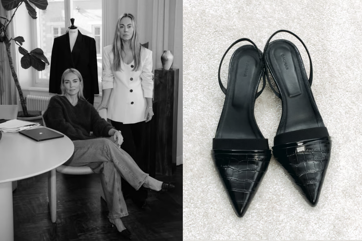 Sophisticated scene featuring a model showcasing House of Dagmar luxury fashion in a stylish interior, complemented by elegant black pointed-toe shoes, reflecting minimalistic Scandinavian design.