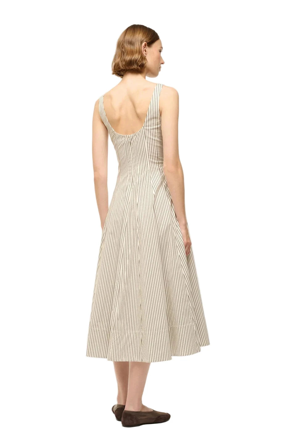 Back view of the Wells Dress in Ivory/Dark Oak Micro Stripe by Staud highlighting the center back zipper.