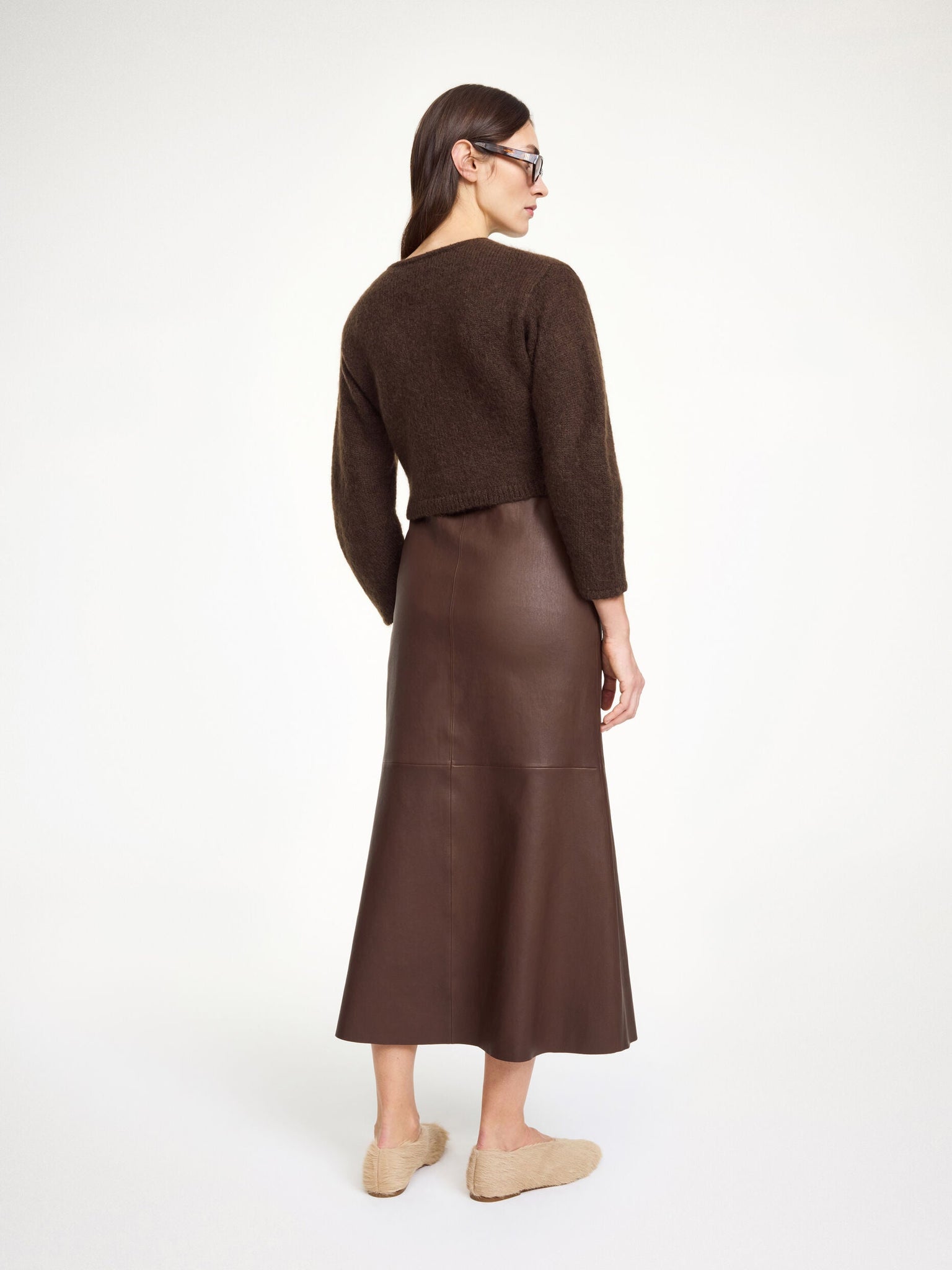 Close-up of the fabric texture of the Zharea Cardigan in Dark Mahogany, highlighting its soft mohair and wool blend.