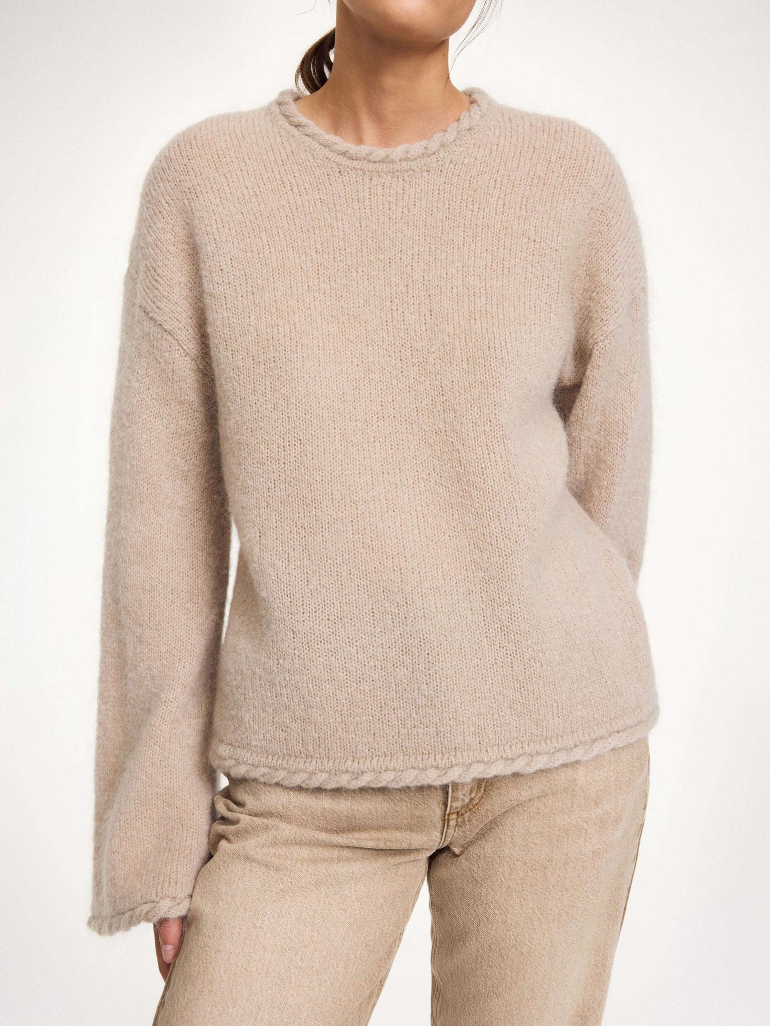 Cierra Sweater in Cobblestone styled with casual pants, perfect for layering in colder weather.