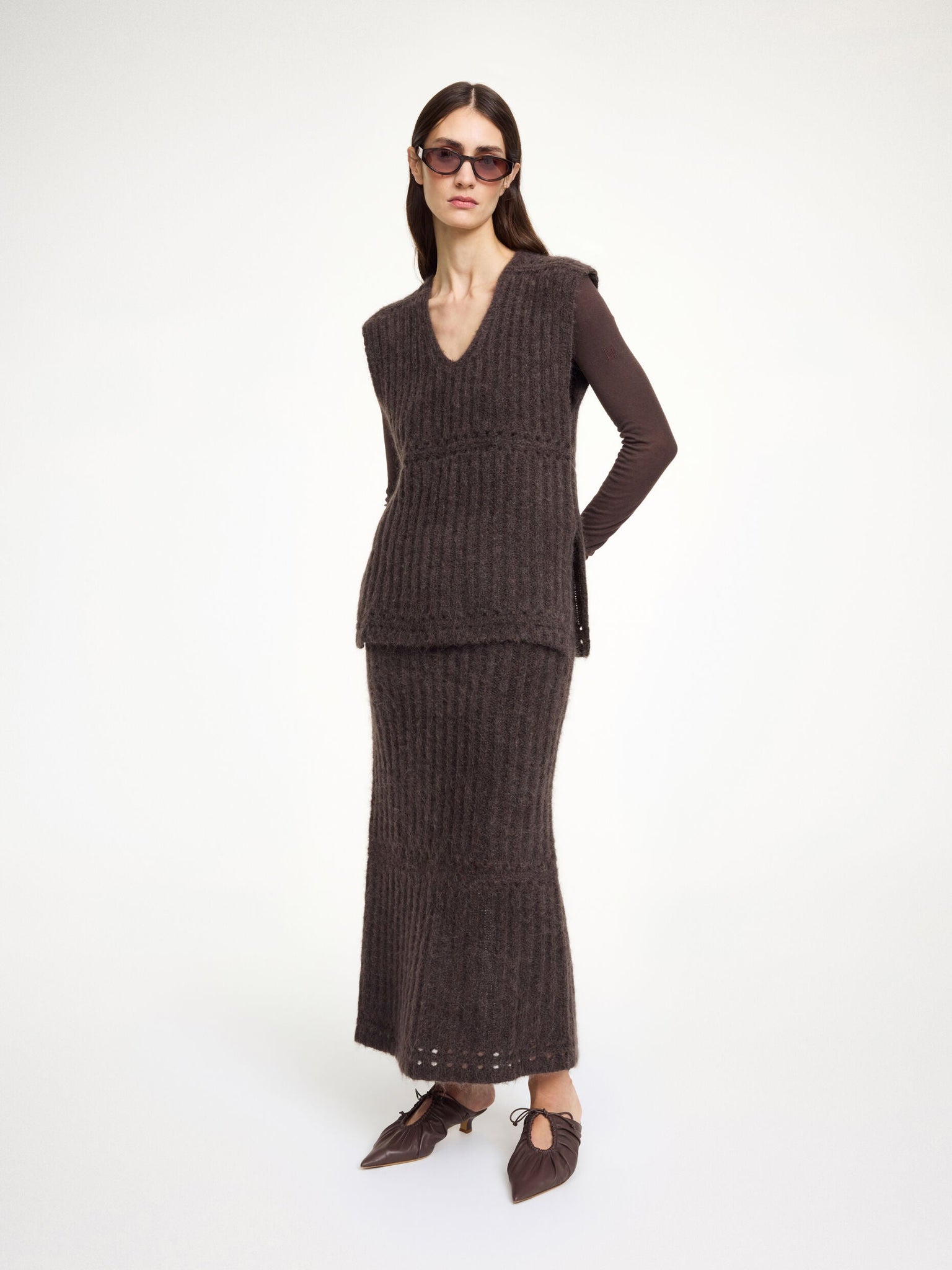 Close-up of Revna Vest in Carafe, highlighting the luxurious fabric blend of mohair and alpaca.