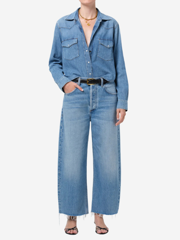 Cropped Western Shirt in Carolina Blue by Citizens of Humanity - detailed close-up of the traditional Western style yoke.