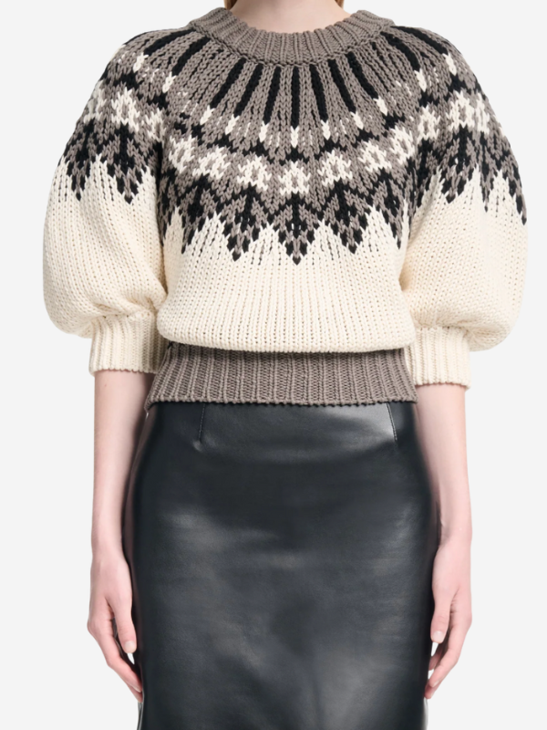 Model wearing the Marty Sweater in Toffee by Altuzarra, styled with half balloon sleeves.
