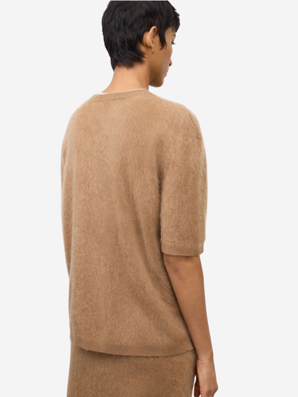 Back view of the Maren Sweater in Toffee, displaying the dropped shoulders and hip-length silhouette.