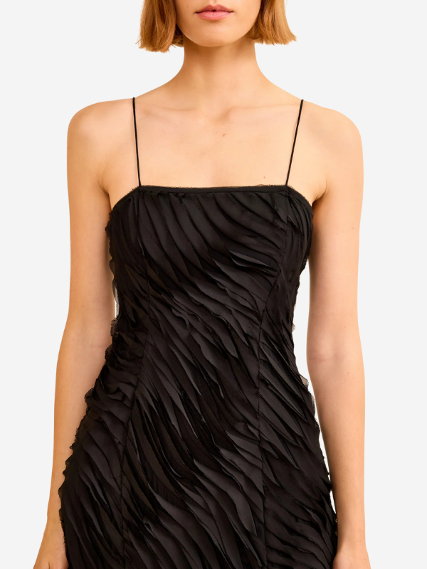 Model wearing the Augustina Cami Long Trumpet Dress in Noir, displaying its graceful flow and silhouette.