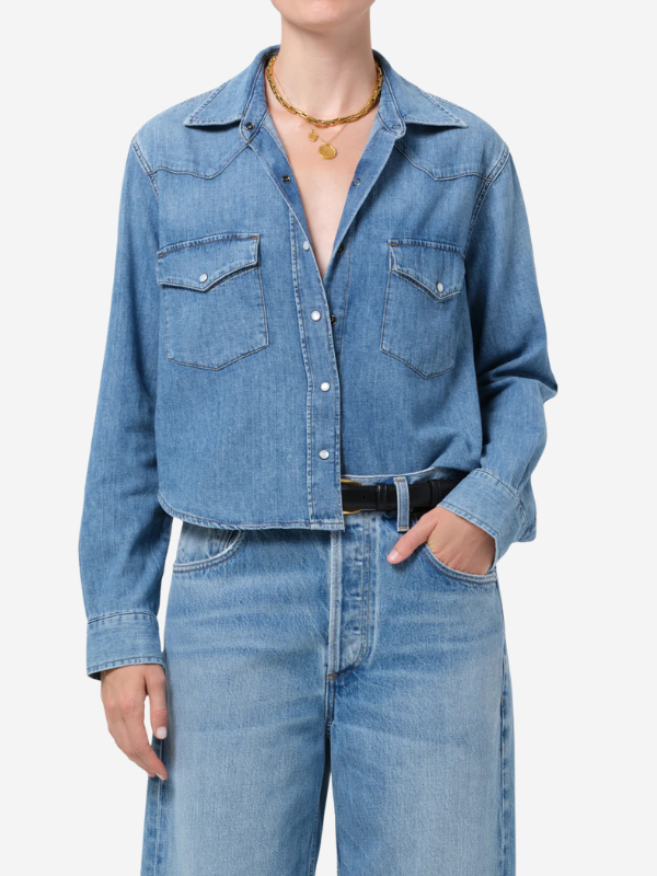 Cropped Western Shirt in Carolina Blue by Citizens of Humanity - styled with high waist denim for a trendy denim-on-denim look.