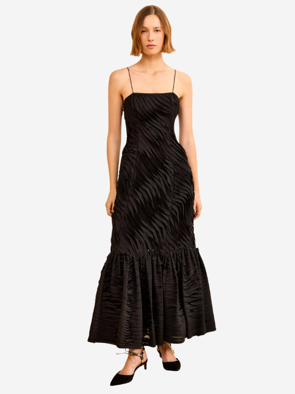 Stylish details of the Augustina Cami Long Trumpet Dress in Noir, featuring delicate straps and a fluted hem.