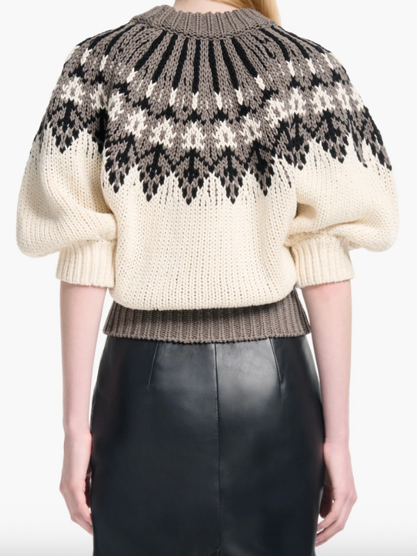 The Marty Sweater in Toffee by Altuzarra displayed flat to highlight its looser fit and detailed pattern.