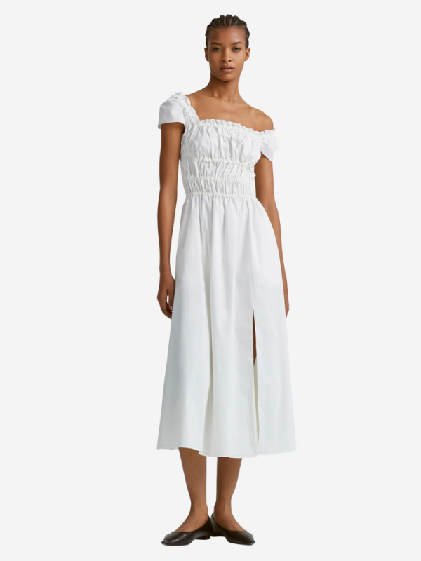 Elegant Lily Dress in Optic White designed by Altuzarra with hidden pockets and side slit.
