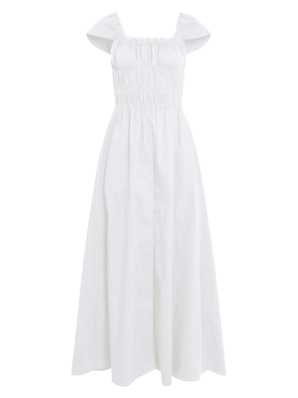 Lily Dress in Optic White by Altuzarra featuring a smocked design and off-the-shoulder silhouette.