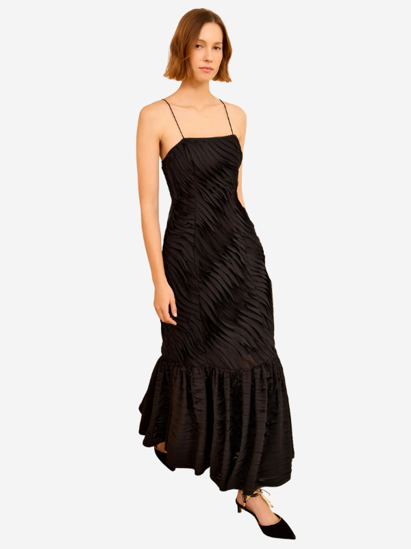 Close-up of the fabric texture of the Augustina Cami Long Trumpet Dress in Noir, highlighting its chic design.