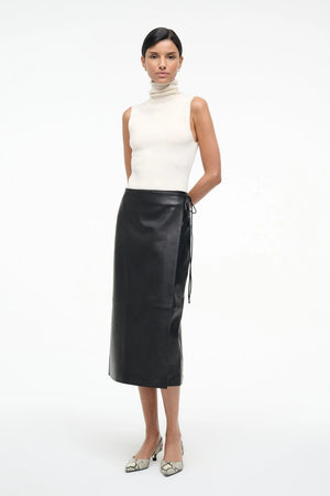 Chic outfit idea featuring the Roman Leather Wrap Skirt in Black by Staud, perfect for any occasion.