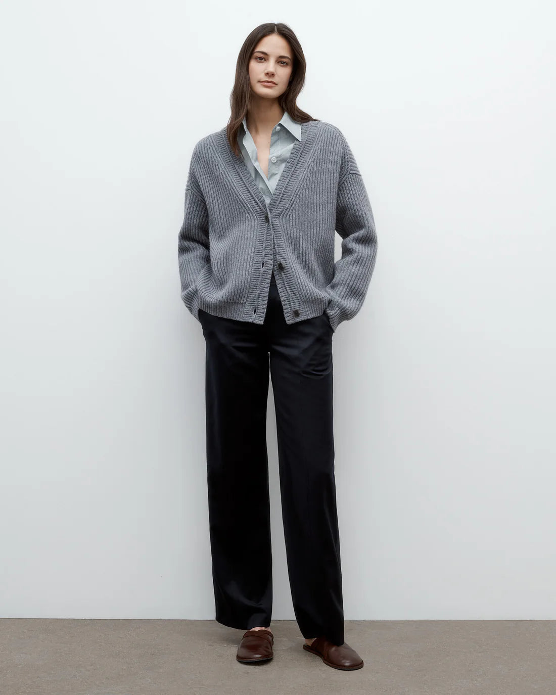 Close-up of Cardi in Medium Heather Grey highlighting the softness of 100% cashmere.