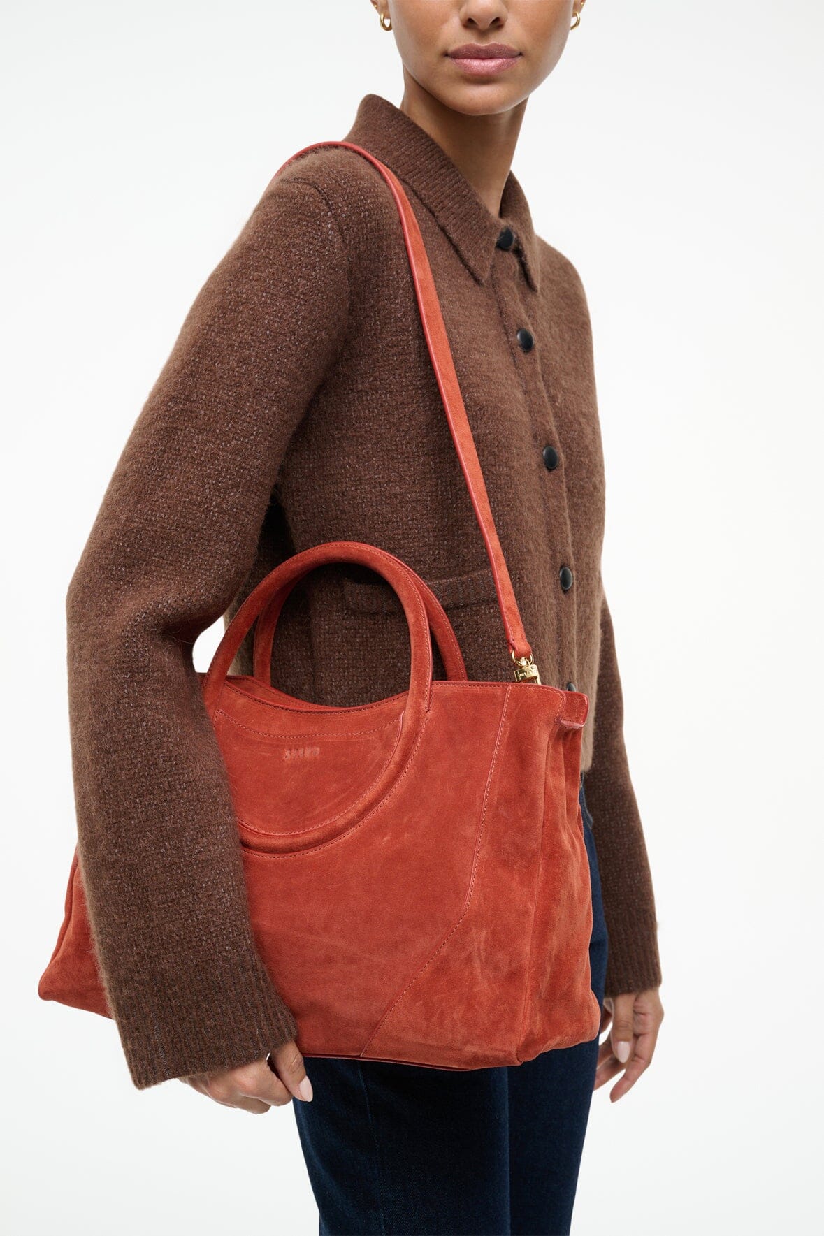 Full view of Maude Satchel in Auburn Suede with all design features highlighted.