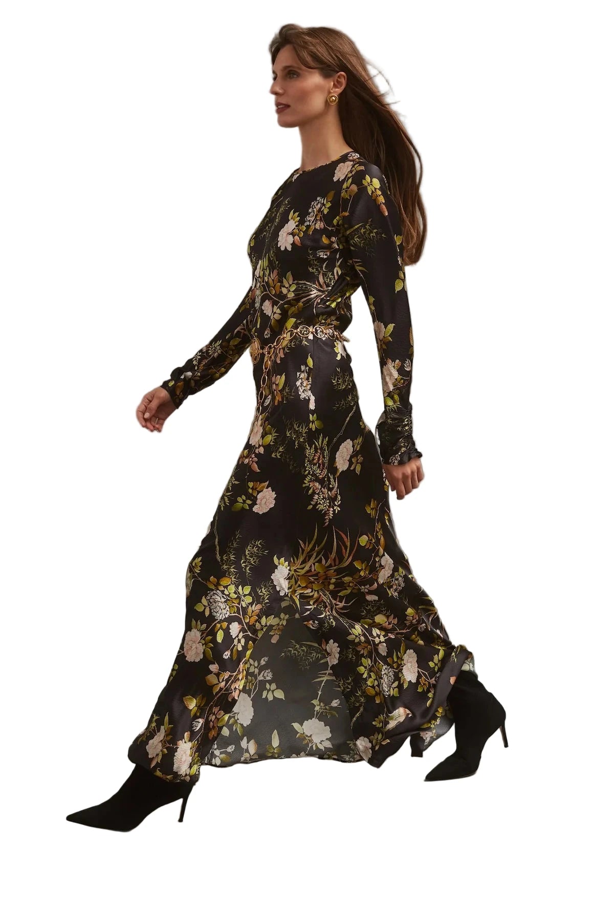 Model wearing the Montgomery Dress in Alfine Gardens Black showcasing its flowy silhouette and luxurious hammered silk texture.