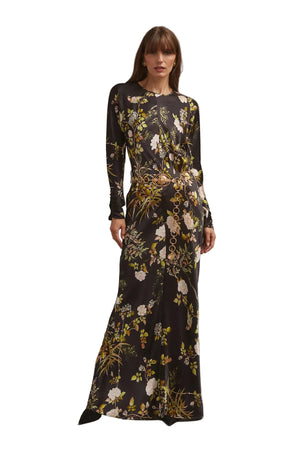Elegant back view of the Montgomery Dress in Alfine Gardens Black featuring a keyhole slit and self covered button at the neckline.