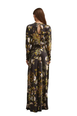 Close-up detail of the Montgomery Dress in Alfine Gardens Black highlighting the crew neckline and soft silk fabric.