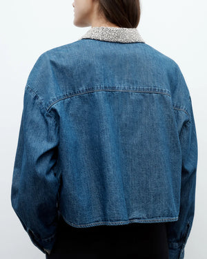Back view of My Ex's Denim with Crystal Collar in Paris, showing the boxy silhouette and chest patch pocket.