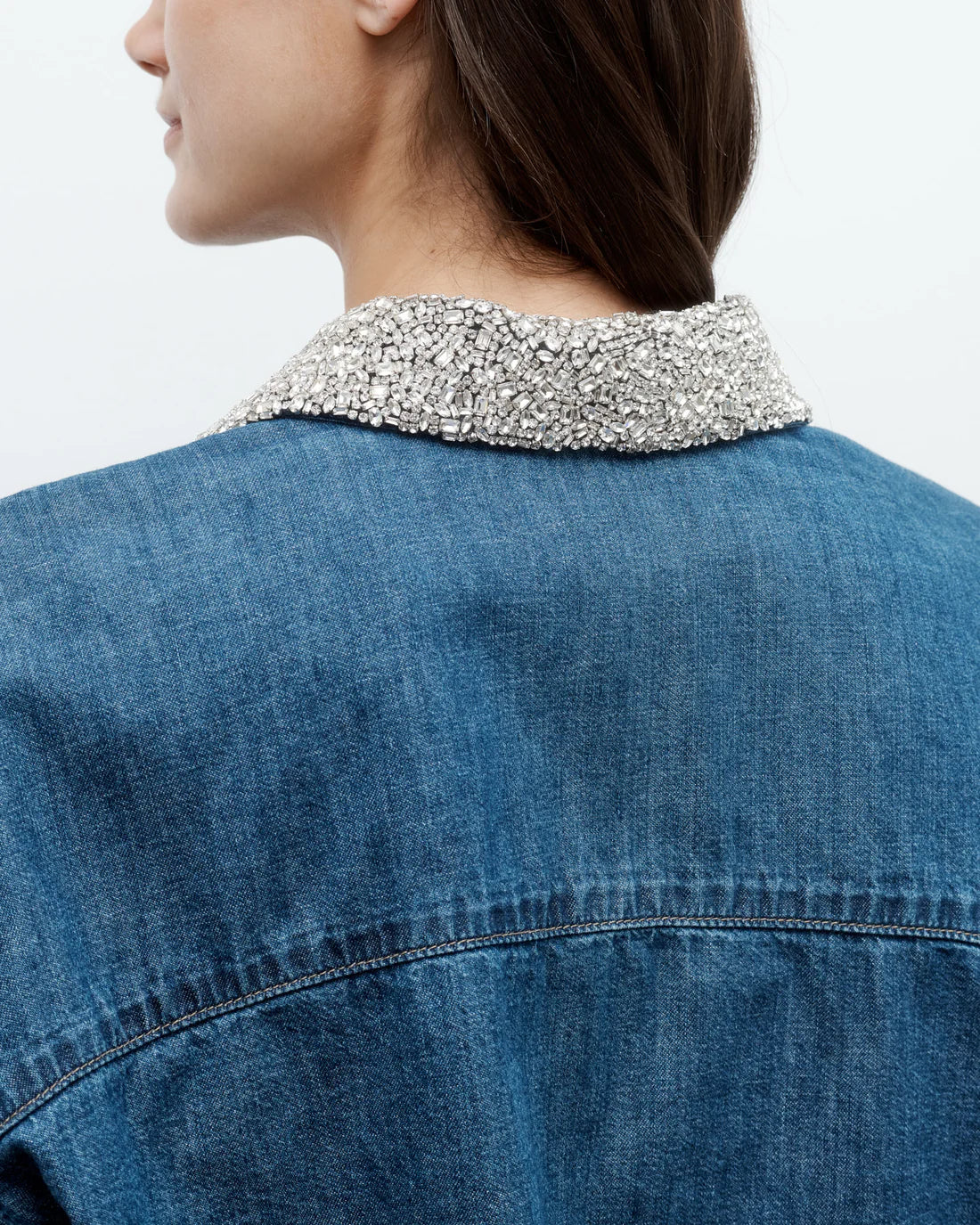 Casual look featuring My Ex's Denim with Crystal Collar in Paris, emphasizing the single button cuffs and custom rivet hardware.