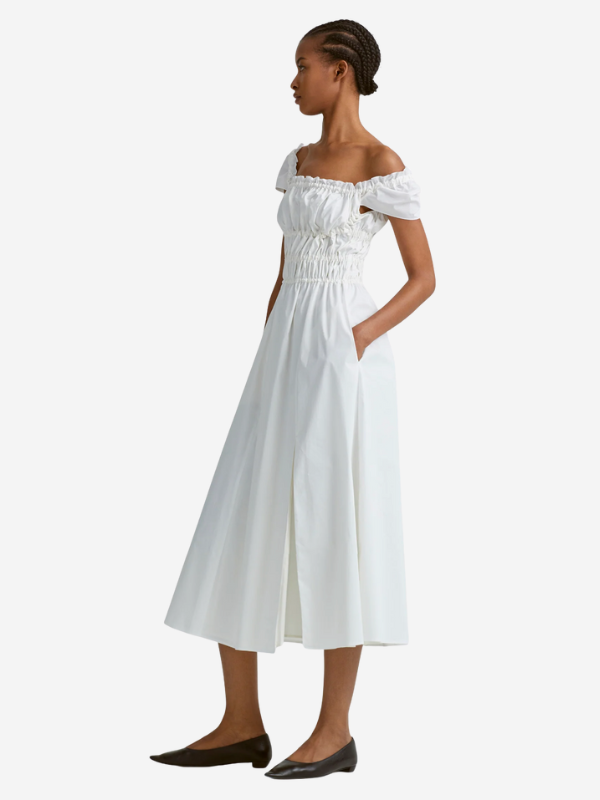 Close-up view of the Lily Dress in Optic White by Altuzarra showcasing the soft cotton blend fabric.