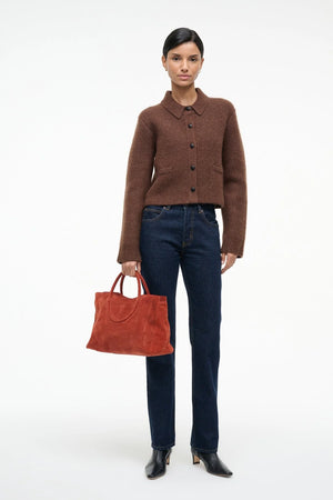 Stylish Maude Satchel in Auburn Suede with a removable wide shoulder strap.