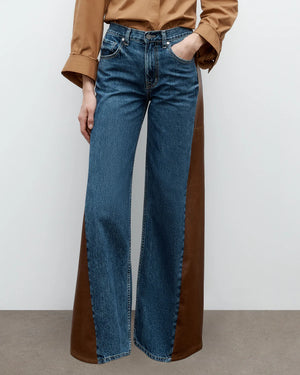 Close-up of the Ramblin Man Jean in Paris/Mahogany highlighting the five-pocket style and custom metal rivet hardware.