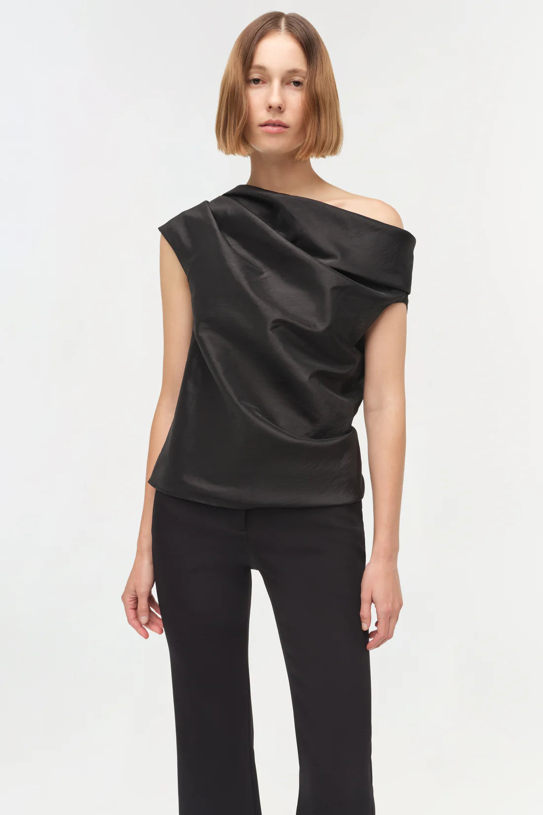Vivia Taffeta Draped Top in Black on a stylish hanger, showcasing its elegant silhouette.