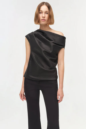 Vivia Taffeta Draped Top in Black on a stylish hanger, showcasing its elegant silhouette.