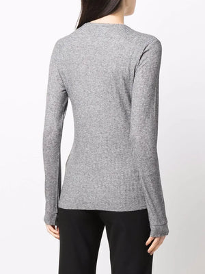 Ortigia LDS Ribbed Long Sleeve T-shirt in Grey styled with casual outfits, perfect for everyday wear.