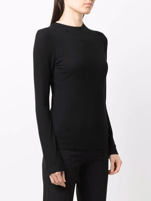 Ortigia LDS Ribbed Long Sleeve T-shirt in Black laid flat, emphasizing its elegant design and comfortable fit.