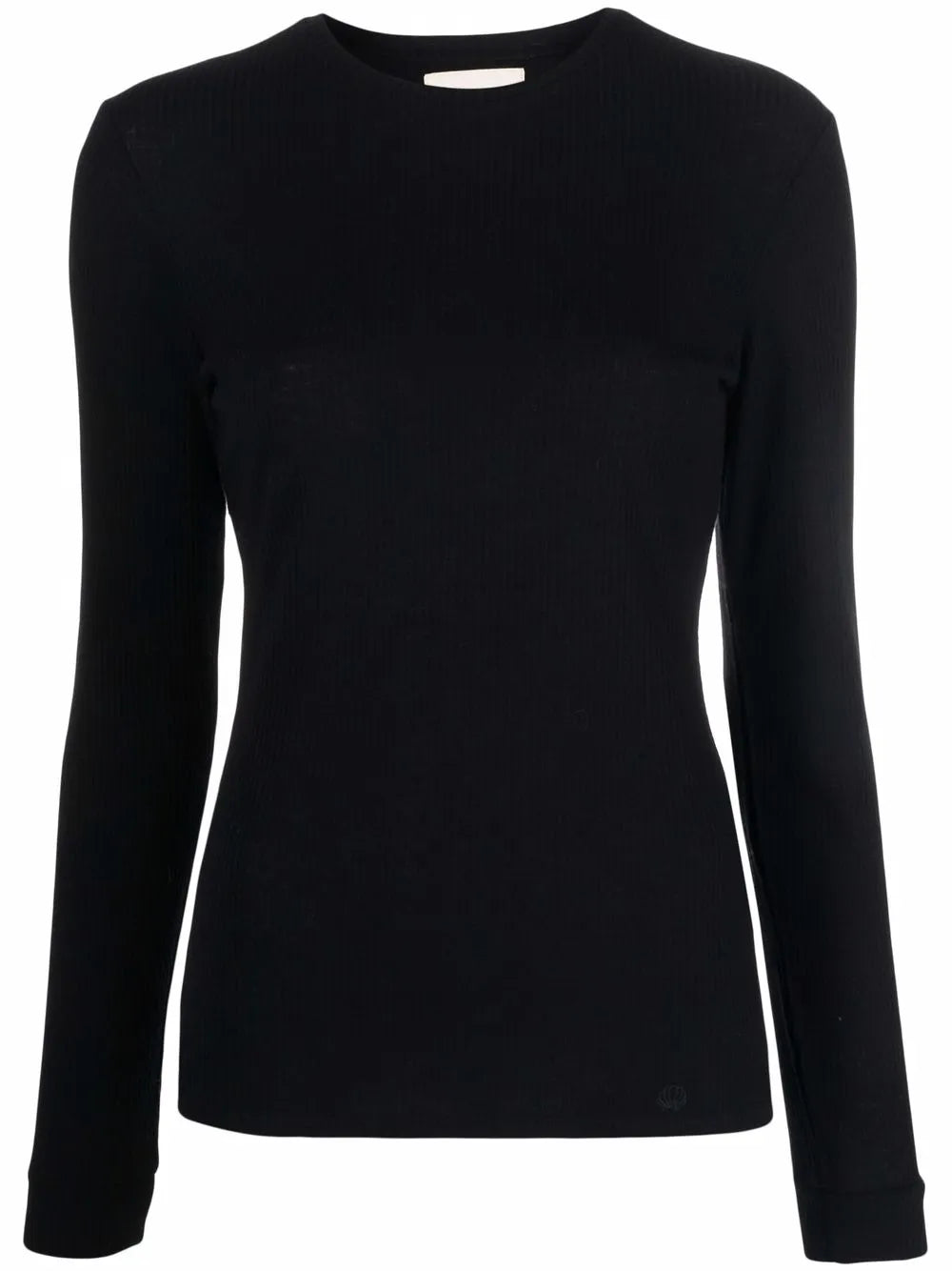 Ortigia LDS Ribbed Long Sleeve T-shirt in Black displayed on a model, showcasing its classic crew neck design and fitted silhouette.