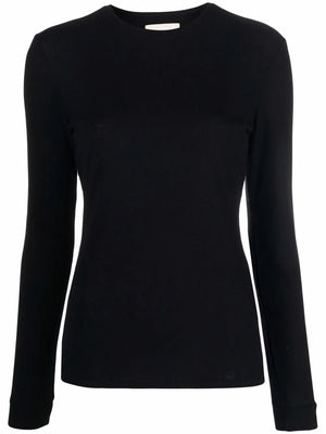 Ortigia LDS Ribbed Long Sleeve T-shirt in Black displayed on a model, showcasing its classic crew neck design and fitted silhouette.