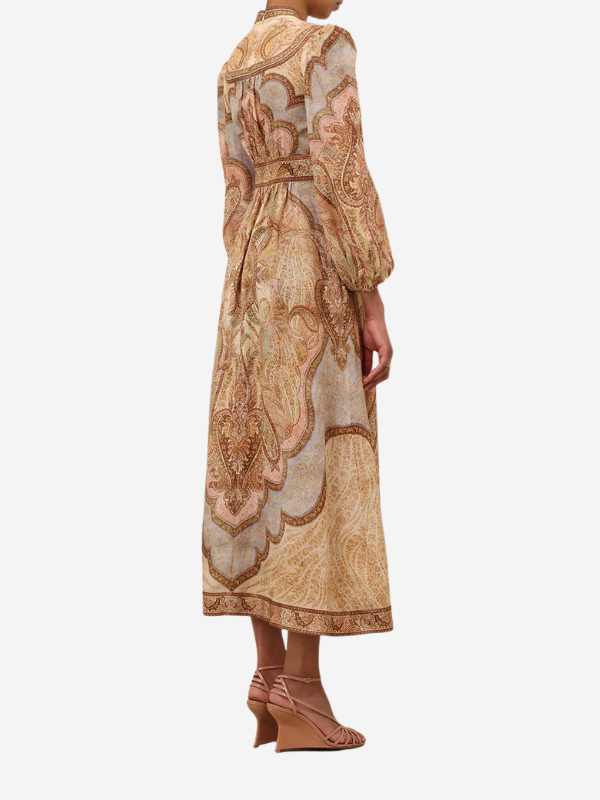 Model wearing the Wanderlust Plunge Midi Dress in Tapestry Multi, demonstrating its casual yet chic appeal.