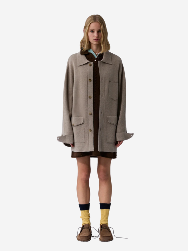 Close-up of the Industry Jacket in Taupe/Chestnut highlighting the 100% cashmere material and utility-style pockets.