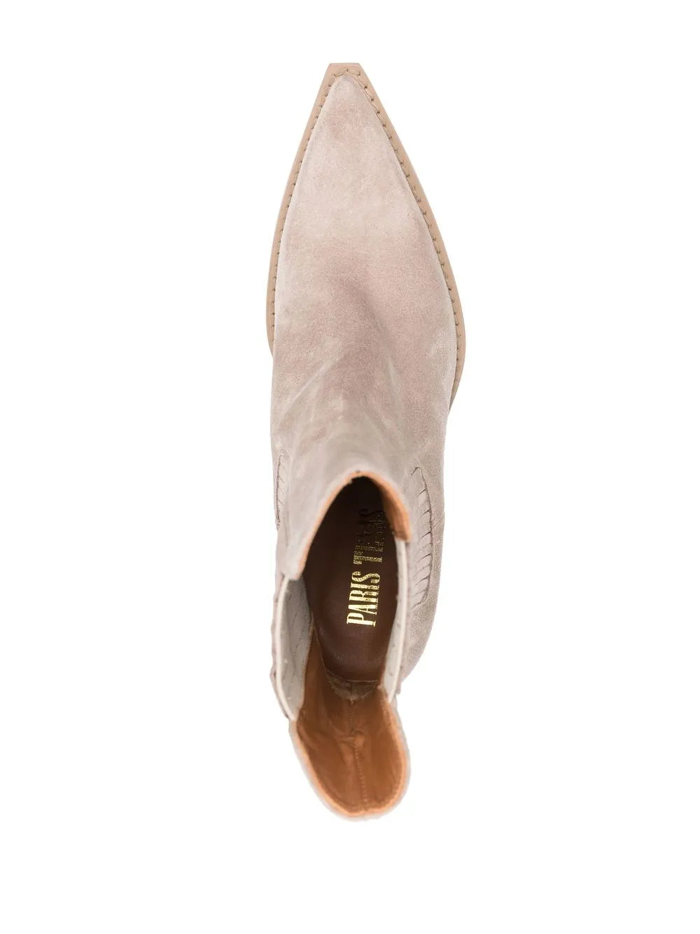 Side profile of the Dallas Boot in Koala Suede, emphasizing its 100mm heel and sophisticated silhouette.