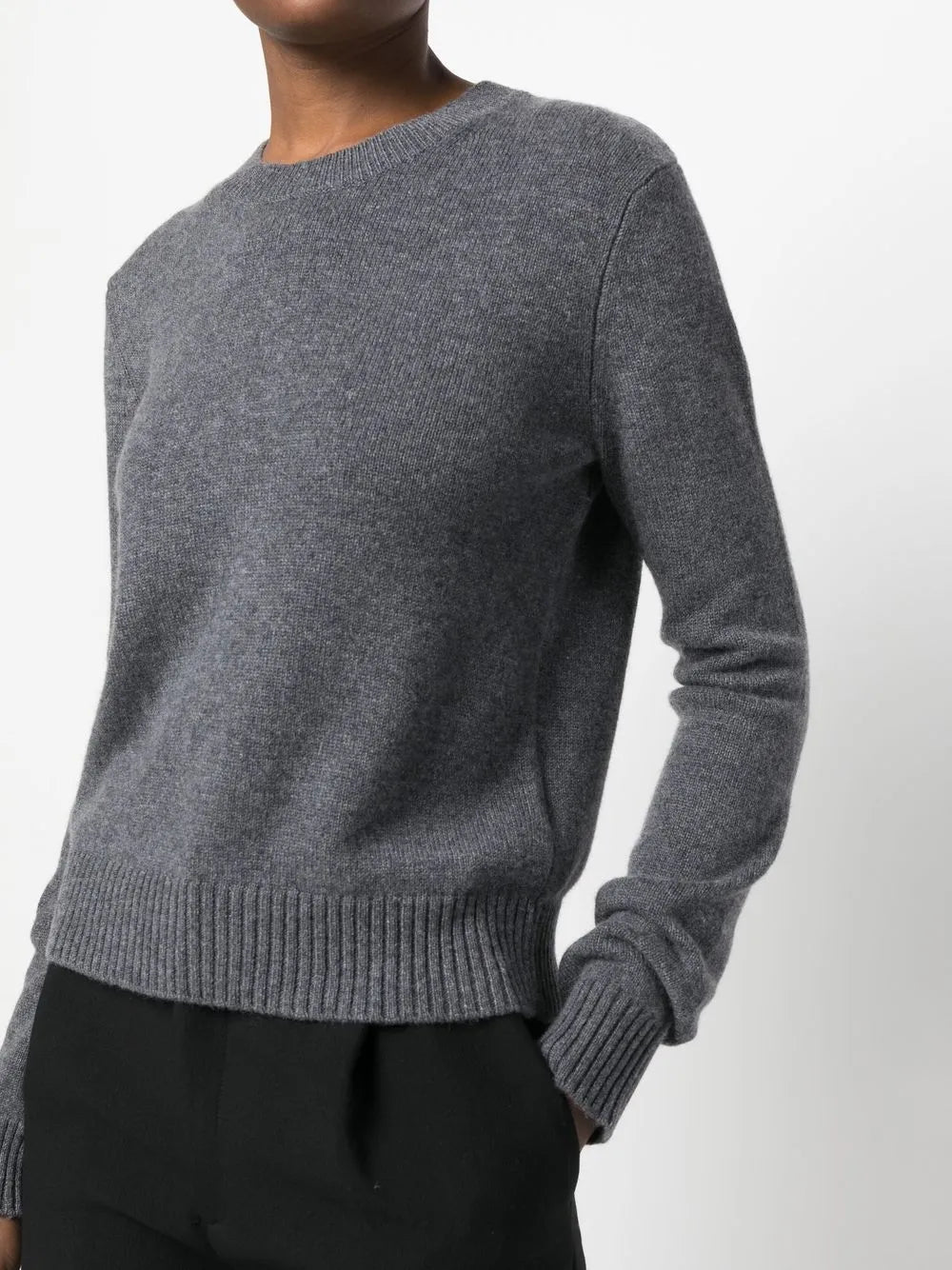 Back view of Mable Sweater in Graphite showing the fitted silhouette and cropped hem.