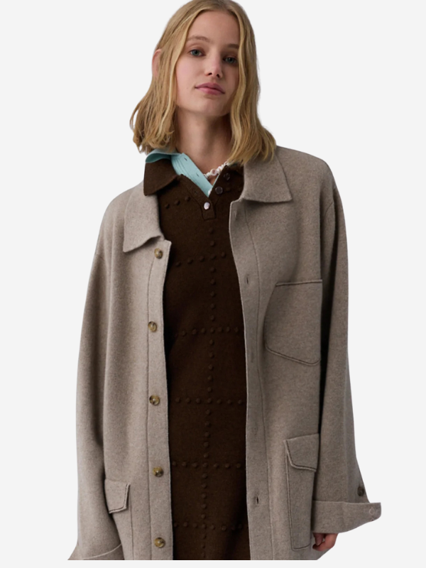 Flat lay of the Industry Jacket in Taupe/Chestnut emphasizing the luxurious cashmere texture and details.