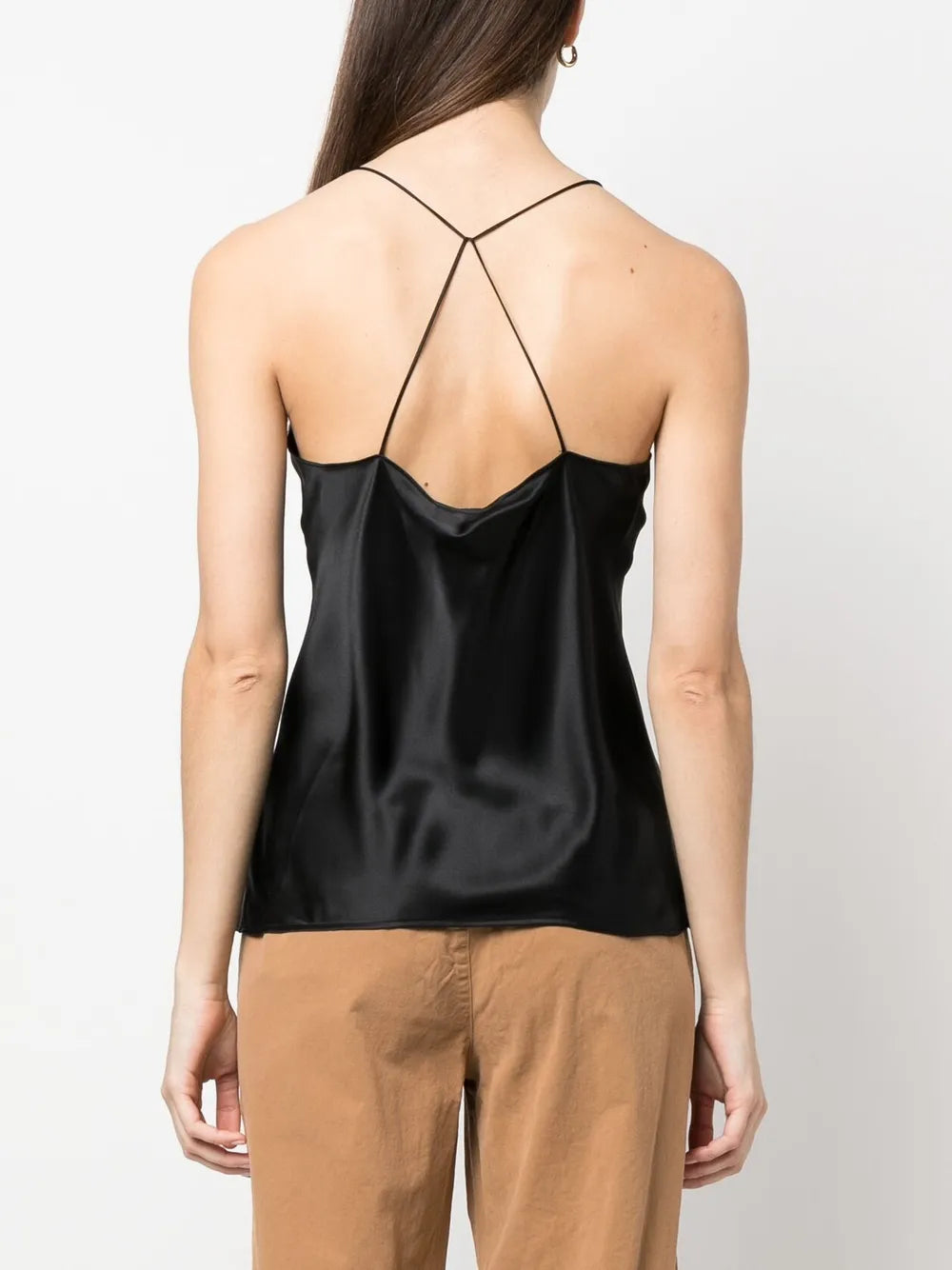 Front view of the Emile Cami in Black by Nili Lotan, highlighting its sophisticated deep V neck.