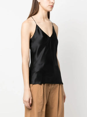 Close-up view of Emile Cami in Black, displaying its elegant low back design made from 100% silk.