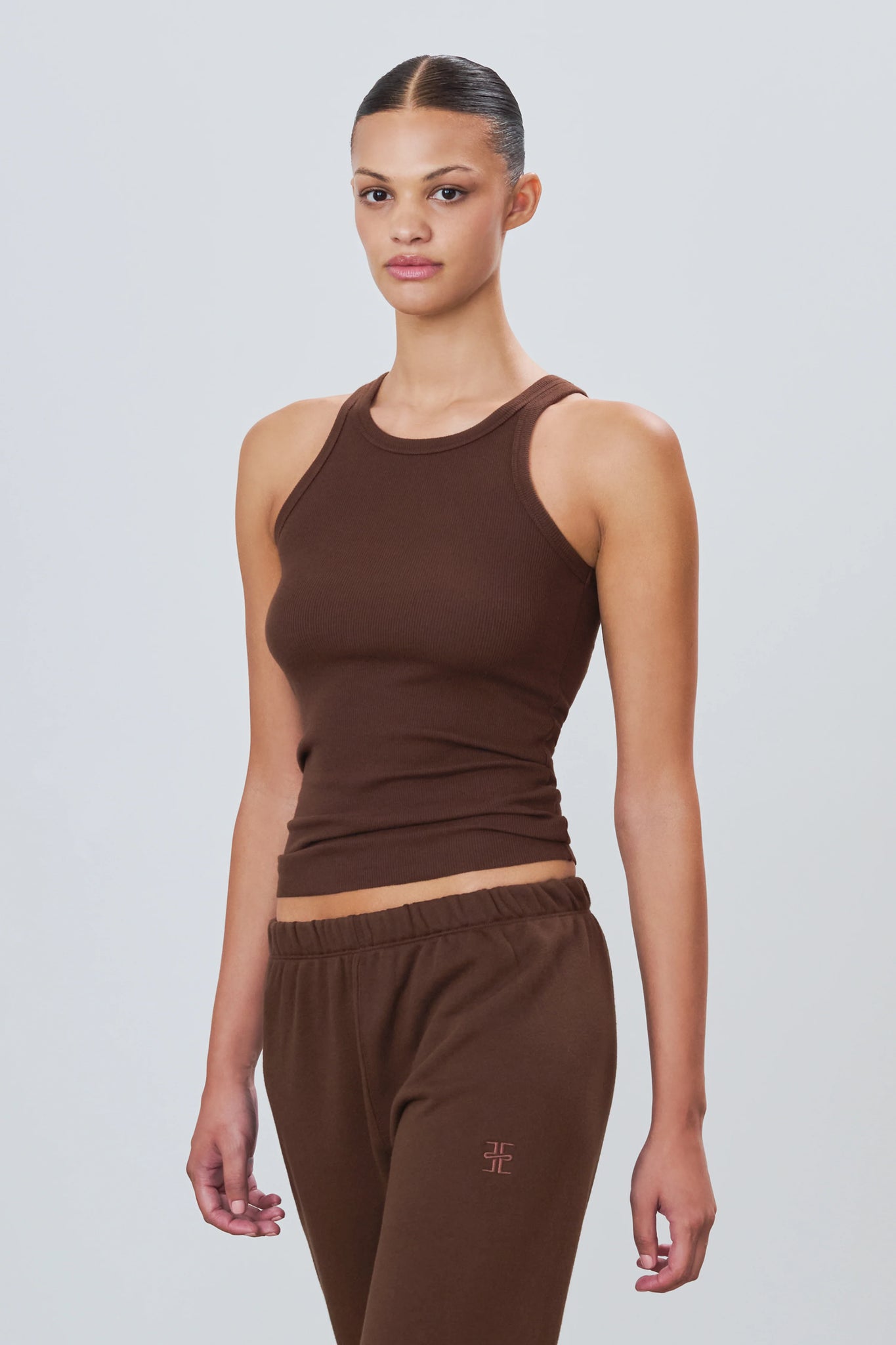 High Neck Fitted Tank in Chocolate