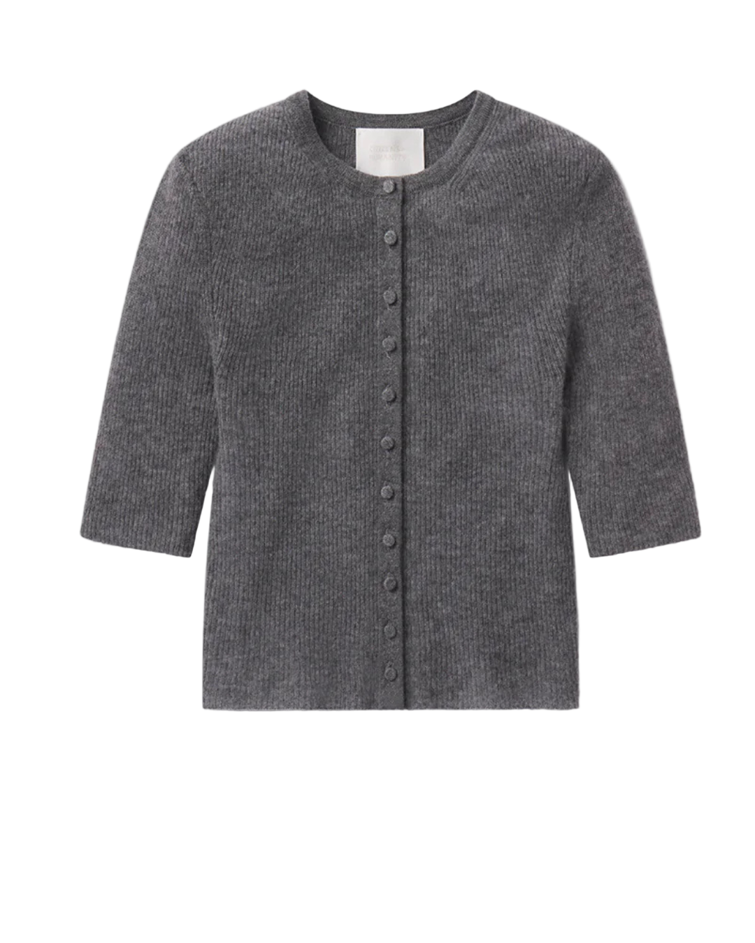 Tabitha Cardigan in Charcoal Heather, a slim-fitting cardigan by Citizens of Humanity, showcasing its cropped elbow sleeves and small cashmere-covered button closure.