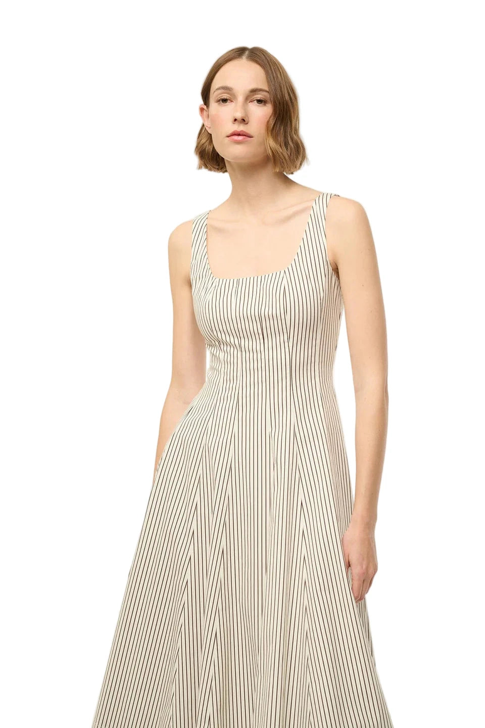 Wells Dress in Ivory/Dark Oak Micro Stripe by Staud displayed on a hanger, focusing on its stylish design and fabric.
