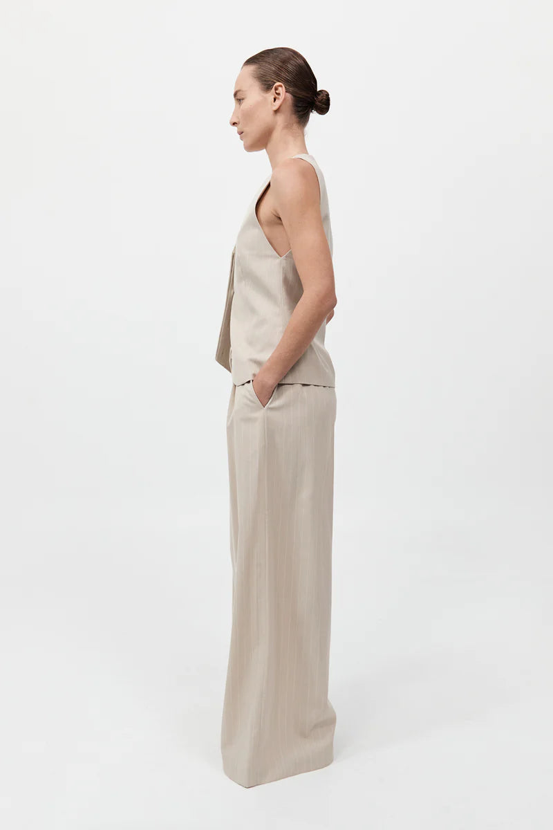Pinstripe Wool Drawstring Pants in Latte