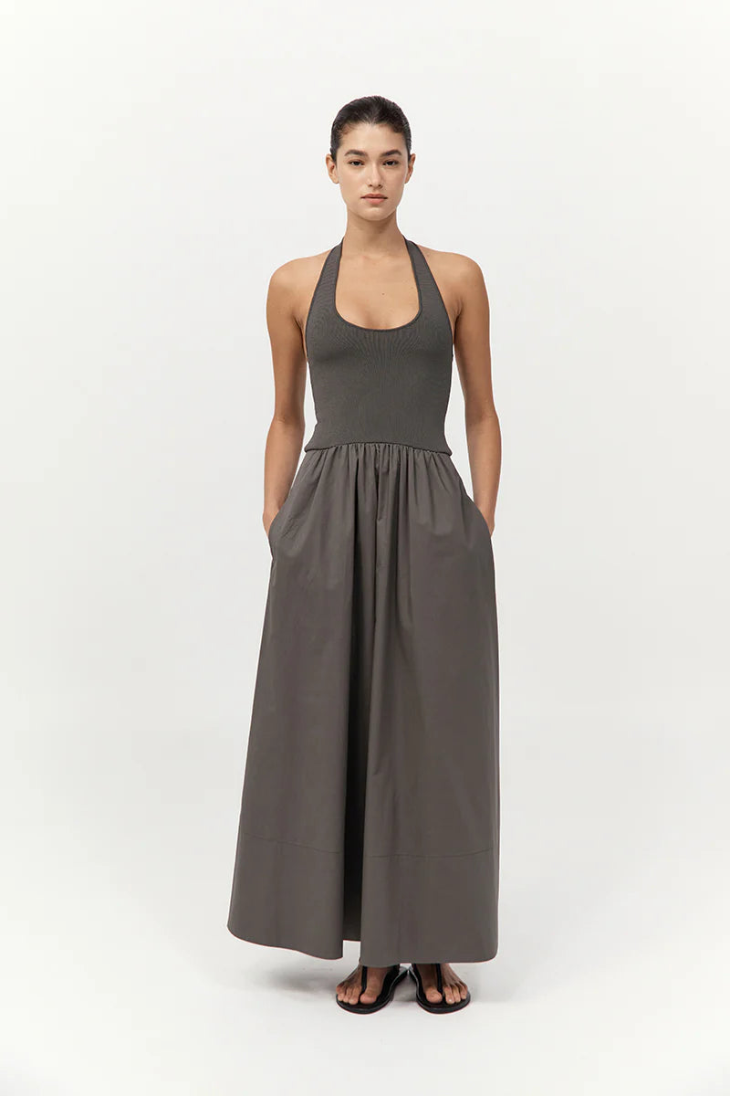 Close-up view of the Halter Gathered Dress in Khaki, showcasing the scoop halter neckline of this trendy halter maxi dress.