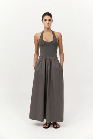 Close-up view of the Halter Gathered Dress in Khaki, showcasing the scoop halter neckline of this trendy halter maxi dress.