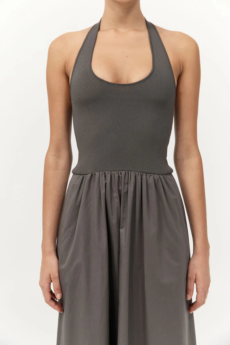 Full length display of the Halter Gathered Dress in Khaki, perfect for any occasion as a chic halter maxi dress.