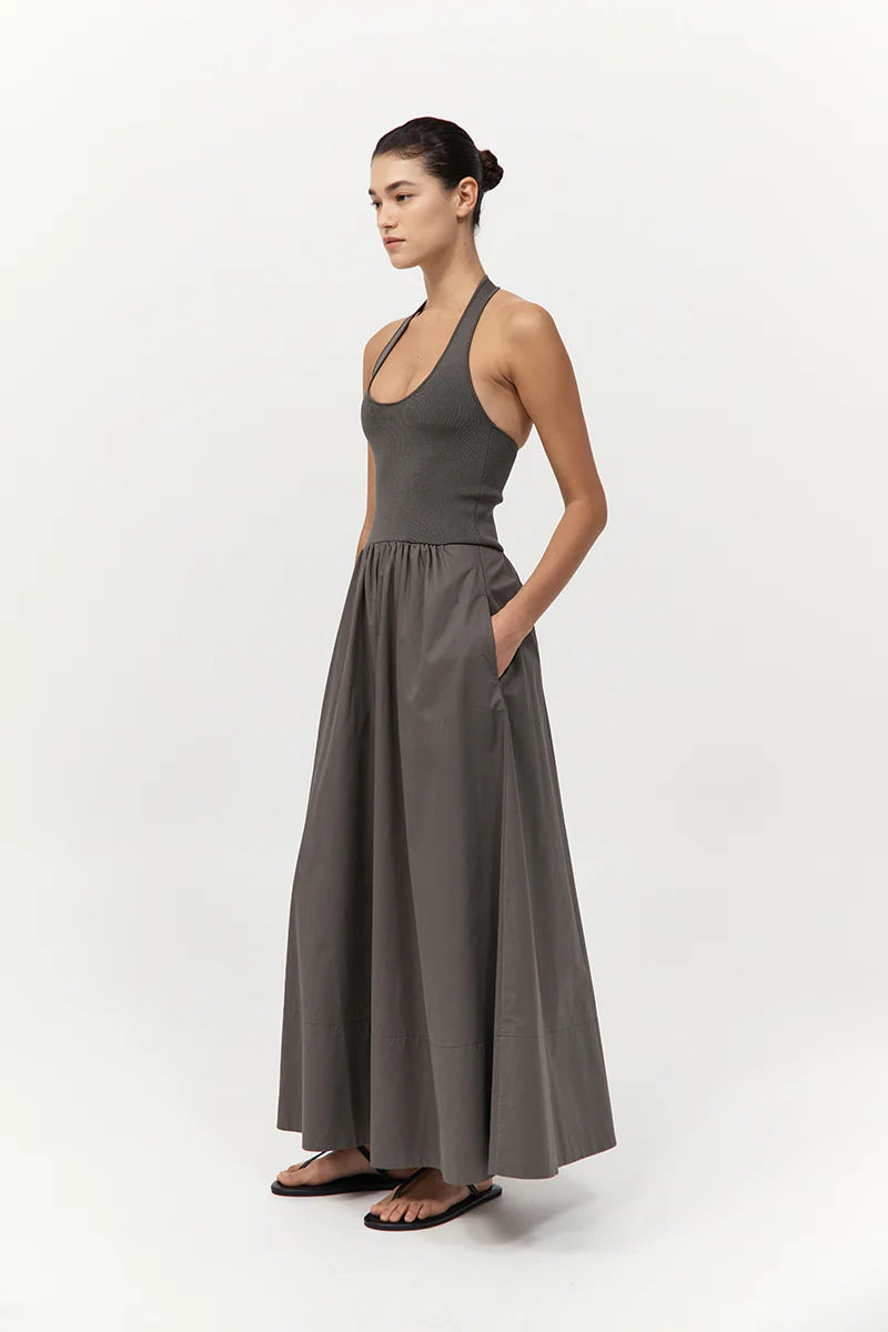 Back view of the Halter Gathered Dress in Khaki, highlighting the gather design of this fashionable halter maxi dress.