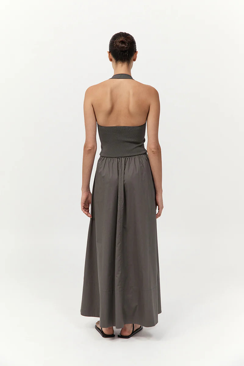Detail shot of the fabric of the Halter Gathered Dress in Khaki, emphasizing the quality of this must-have halter maxi dress.