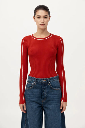 Detail shot of the ribbed finish on the Fine Line Long Sleeve Top in Red/Off White by St. Agni.