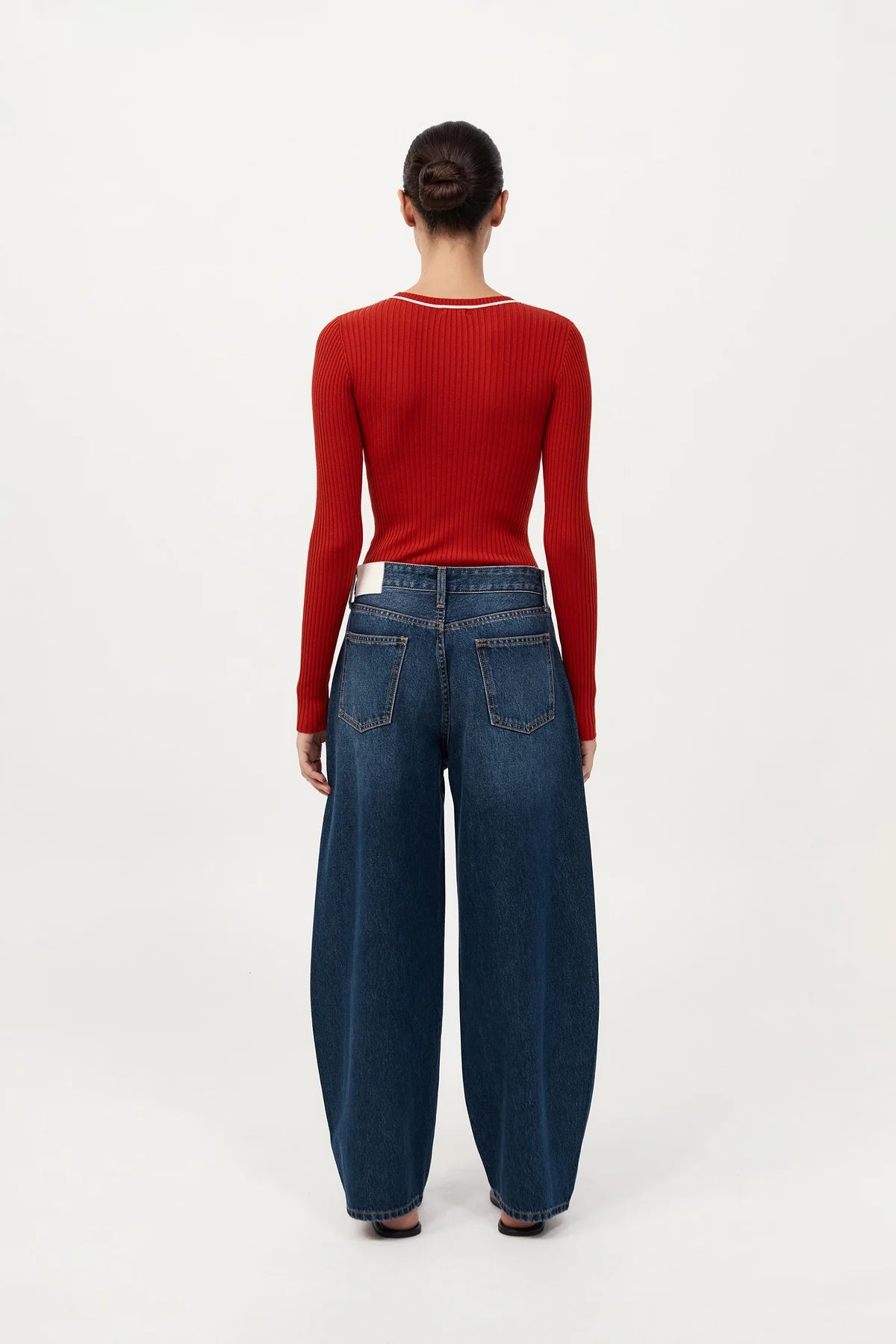 Back view of the Fine Line Long Sleeve Top in Red/Off White from St. Agni, demonstrating the minimalist silhouette.